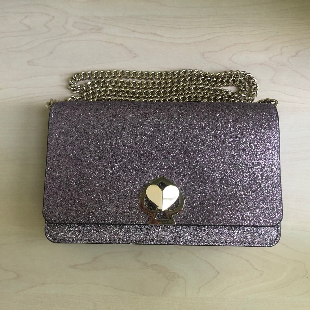 New Kate Spade Lilac Shimmer Crossbody Bag w/ Heart Closure & Kate Spade Clutch - Picture 1 of 11